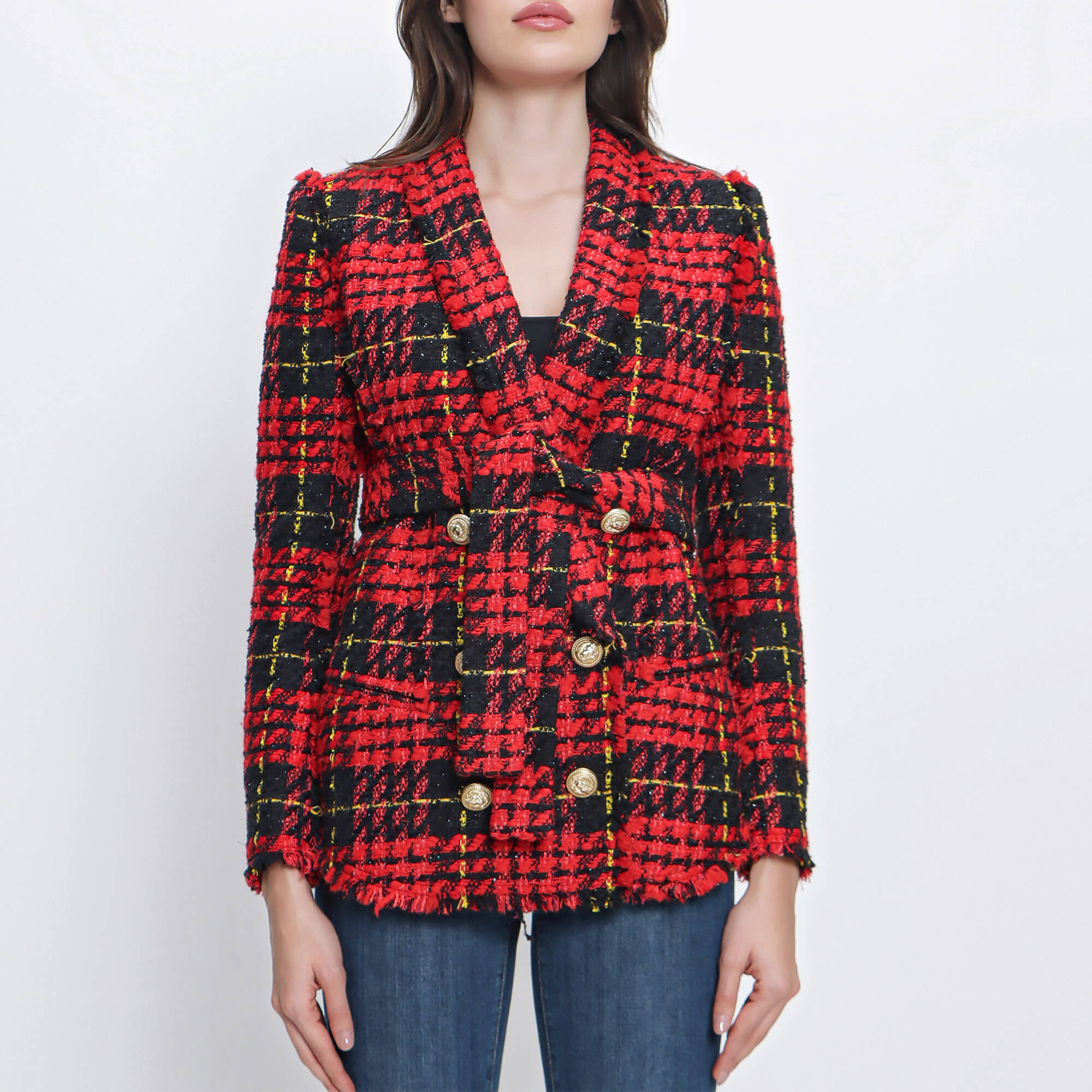 Balmain - Red Tartan Tweed Blazer Jacket